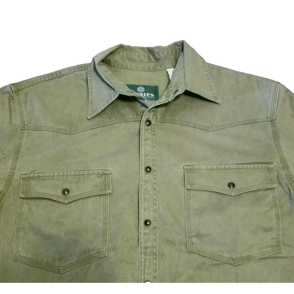 Schnee's Pearl Snap Shirt Men's Size Medium Olive Twill Outdoor Bozeman Montana